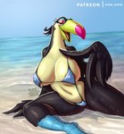 anthro anthrofied areola areola_slip beach beak bedroom_eyes big_breasts bikini black_body black_feathers blue_talons breasts brown_eyes butt camel_toe clothed clothing erect_nipples eyelashes feathers female half-closed_eyes looking_at_viewer mature_female multicolored_body multicolored_feathers narrowed_eyes navel nipple_outline nipple_slip nipples non-mammal_breasts non-mammal_nipples one-piece_swimsuit open_beak open_mouth outside partially_clothed pose sea seaside seductive sitting solo swimwear tan_body tan_feathers text thick_thighs two-piece_swimsuit water winged_arms wings ultrahyper blue_sky_studios patreon rio_(series) eva_(rio) avian bird keel-billed_toucan ramphastos toucan 2022 digital_drawing_(artwork) digital_media_(artwork) pinup url