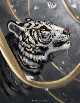 black_stripes feral fur group orange_eyes striped_body striped_fur stripes whiskers white_body white_fur flashw arthropod felid insect lepidopteran mammal moth pantherine tiger 2019 digital_media_(artwork) headshot_portrait portrait
