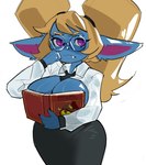 adjusting_glasses big_breasts big_ears biped black_bottomwear black_clothing black_skirt blonde_hair blue_body blue_skin blush book book_title bottomwear breasts businesswear cleavage clothed clothing covering covering_breasts ear_tuft eyewear fangs female female_humanoid from_front_position fur glasses hair holding_book holding_object huge_breasts humanoid_pointy_ears looking_at_viewer mouth_closed necktie office_lady one_fang open_clothing open_shirt open_topwear partially_clothed partially_clothed_female pencil_skirt pigtails pink_eyes pink_inner_ear pointy_ears pupils sex shirt short_stack simple_background skirt slit_pupils solo teeth text tied_hair topwear tuft white_background white_clothing white_shirt white_topwear wide_hips null0patience book_and_boob league_of_legends riot_games tencent poppy_(lol) humanoid yordle absurd_res english_text hi_res meme