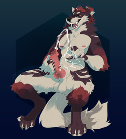 anthro balls bodily_fluids claws cum erection genital_fluids genitals hair male nipples nude penis simple_background solo tail omnifangs crimm_(crimm) hi_res