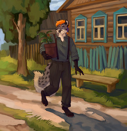 anthro barefoot bench biped bottomwear building clothed clothed_male clothing day detailed_background dipstick_tail ear_piercing eyewear feet fence food fruit fully_clothed fur glasses grey_body hair holding_object holding_plant house humanoid_hands male male_anthro markings orange_hair outside pants pepper_(fruit) piercing plant plant_pot potted_plant purple_eyes shirt solo spots spotted_body spotted_fur standing suspenders tail tail_markings toes topwear tuft wearing_glasses kotobulka indo_salgar canid canine fox hybrid hyena mammal spotted_hyena absurd_res detailed digital_drawing_(artwork) digital_media_(artwork) full-length_portrait hi_res portrait