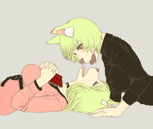 anthro book breasts candy chocolate clothed clothing collar cross dessert duo eyes_closed female female/female food green_hair hair heart_symbol lying on_back open_mouth red_eyes sharing tongue tongue_out hyoushi_maigo canid canine fox mammal