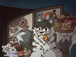 anthro appliance armpit_hair belly beverage body_hair burger cake dessert fangs fat_folds fat_neck fluffy food food_stains fridge holding_food holding_object kitchen_appliance looking_at_viewer male moobs nipples overweight overweight_male pizza reaching_for_object soda solo tail teeth justwatchingthings nix_(justwatchingthings) canid canine canis mammal wolf 4:3 hi_res