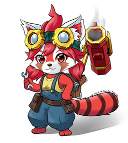 anthro backpack clothing eyewear eyewear_on_head female fur goggles goggles_on_head hair overalls overalls_only red_body red_eyes red_fur red_hair solo tail tools wrench candy_dream gunfire_reborn nona_(gunfire_reborn) ailurid mammal red_panda