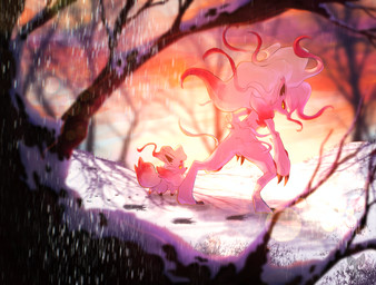 ambiguous_gender anthro backlighting biped blurred_background blurred_foreground cheek_tuft claws digitigrade duo facial_tuft feral finger_claws footprint fur grass inner_ear_fluff lens_flare light looking_at_viewer plant quadruped red_body red_fur shadow snow snowing sunset toe_claws tree tuft walking white_body white_fur yellow_eyes tenebscuro nintendo pokemon pokemon_legends_arceus generation_8_pokemon hisuian_form hisuian_zoroark hisuian_zorua pokemon_(species) regional_form_(pokemon) 2021 absurd_res digital_media_(artwork) hi_res lighting shaded watermark