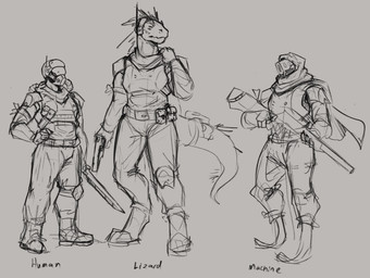 ambiguous_gender anthro boots clothed clothing footwear front_view group gun holding_gun holding_melee_weapon holding_object holding_ranged_weapon holding_sword holding_weapon machine male male_anthro male_human melee_weapon mouth_closed ranged_weapon shoes simple_background standing sword trio weapon wearing_helmet jezzlen human lizard mammal reptile robot scalie hi_res monochrome sketch