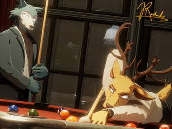 anthro billiard_table billiards clock clothed clothing collared_shirt cue_stick dress_shirt duo furniture grey_body jewelry leaning leaning_forward male shirt suit table topwear watch window wristwatch vermilionrenderworks beastars legoshi_(beastars) louis_(beastars) cervine deer mammal red_deer 3d_(artwork) 4:3 blender_(artwork) digital_media_(artwork) hi_res signature