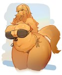 anthro belly big_breasts big_butt bikini black_bikini black_clothing black_swimwear breasts brown_body brown_fur brown_hair bulging_breasts butt cleavage clothed clothing curvy_figure eye_patch_bikini female front-tie_bikini full_cleavage fur hair huge_breasts huge_butt kemono long_hair looking_at_viewer micro_bikini overweight overweight_anthro overweight_female side-tie_bikini side_boob skimpy skimpy_bikini skindentation slightly_chubby slightly_chubby_female smile solo string_bikini swimwear tail thick_thighs two-piece_swimsuit venus_figure voluptuous wide_hips utterangle golden_(kishibe) canid canine canis domestic_dog mammal absurd_res digital_media_(artwork) hi_res