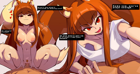 animal_ears animal_tail areola big_tail blush blush_lines breasts clothing dialogue dipstick_ears dipstick_tail duo ear_markings eyelashes female female_on_top first_person_view fur genitals grey_background hair long_hair looking_at_viewer male male/female markings multicolored_ears navel nipples on_top orange_body orange_fur orange_hair penetration penis pink_areola pink_nipples pubes rectangular_speech_bubble red_eyes sex simple_background smile speech_bubble tail tail_markings talking_to_viewer tan_body tan_fur tan_skin text thick_thighs topwear vaginal vaginal_penetration white_clothing white_topwear wide_hips nerfechi spice_and_wolf holo_(spice_and_wolf) animal_humanoid canid canid_humanoid canine canine_humanoid humanoid mammal mammal_humanoid wolf_humanoid absurd_res digital_media_(artwork) english_text hi_res
