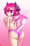 butt clothing female hair horn looking_at_viewer pink_eyes pink_hair short_stack simple_background smile solo standing swimwear wings rainven disgaea nippon_ichi_software raspberyl demon humanoid 2:3 absurd_res hi_res