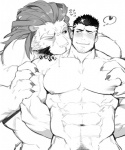 abs anthro barazoku beard biceps big_muscles big_pecs bite blush bodily_fluids body_hair claws drooling duo eye_contact eyebrows facial_hair front_view fur hair hand_on_chest happy_trail heart_symbol huge_muscles human_on_anthro interspecies larger_male long_hair looking_at_another looking_at_partner male male/male manly muscular muscular_male navel nipples nude obliques one_eye_closed pec_grab pecs pubes saliva serratus short_hair simple_background size_difference smaller_male smile smirk stubble text thought_bubble triceps vein veiny_muscles white_background wink gomtang lifewonders tokyo_afterschool_summoners arsalan_(tas) zabaniyya_(tas) felid human lion mammal pantherine 5:6 greyscale monochrome