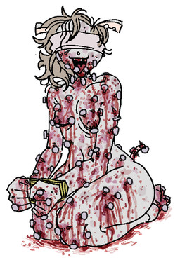 bdsm blindfold blood bodily_fluids bondage bound brown_hair bruised female gore gore_focus grey_body hair missing_tooth nails piercing smile solo tongue tongue_out pwnnie ratgore_(pwnnie) mammal murid murine rat rodent