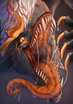 ambiguous_gender bodily_fluids drooling fangs feral fur glistening glistening_eyes grey_background grey_body grey_fur horn looking_at_viewer mouth_shot open_mouth orange_eyes orange_horn orange_tongue pupils saliva saliva_on_chin saliva_on_tongue saliva_string sharp_teeth simple_background slit_pupils solo teeth tongue unsigned santanahoffman mythology dragon furred_dragon furred_scalie mythological_creature mythological_scalie scalie absurd_res hi_res