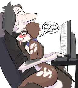 anthro biped black_body black_fur blush bodily_fluids breast_squish breasts brown_body brown_fur chair clothed clothed/nude clothed_male clothing collar collar_only computer duo electronics female fur furniture hair keyboard male male/female markings monitor mostly_nude_anthro mostly_nude_female nude office_chair on_lap simple_background sitting speech_bubble spots spotted_body spotted_fur squish sweat text tongue tongue_out white_background white_hair capaoculta glitter_(capaoculta) canid canine canis domestic_dog mammal 2023 absurd_res digital_media_(artwork) english_text hi_res