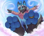 3_toes anthro blue_bottomwear blue_clothing blue_pants bottomwear clothing cloud feet foot_focus giga imminent_stomp jumping landing looking_at_viewer looking_down looking_down_at_viewer macro open_mouth pants pawpads paws sky solo toes topwear blockman3_(artist) canid canine canis mammal wolf 2023 digital_media_(artwork) hi_res