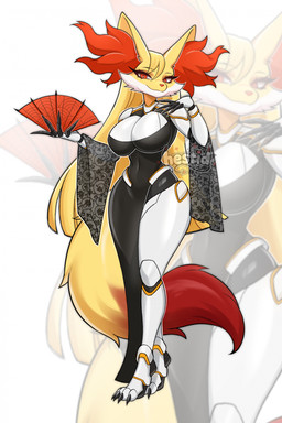 anthro big_breasts breasts fanning female female_anthro hair inner_ear_fluff long_hair looking_at_viewer machine navel pokemorph red_eyes small_waist solo thick_thighs tuft white_body wide_hips hestid nintendo pokemon delphox generation_6_pokemon pokemon_(species) robot hi_res
