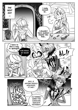 anthro blush blush_lines breasts breath brush brushing brushing_hair dialogue duo eyewear female female/female hair male mirror nipple_outline personal_grooming side_boob sighing sleepwear styling_hair text wheeze deerlydepart hazbin_hotel hellaverse alastor_(hazbin_hotel) charlie_morningstar animal_humanoid cervine deer deer_demon deer_humanoid demon humanoid mammal mammal_humanoid 2025 absurd_res comic english_text hi_res monochrome