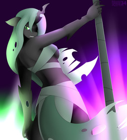 anthro anthrofied breasts cleavage clothed clothing dancing female green_eyes green_hair hair hole_(anatomy) horn looking_at_viewer looking_back looking_down pole pole_dancing pupils slit_pupils solo marik_azemus34 friendship_is_magic hasbro my_little_pony queen_chrysalis_(mlp) arthropod changeling_(mlp) 2014 absurd_res hi_res
