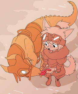 ambiguous_gender anthro anthro_on_feral balls bandage bestiality bodily_fluids bottomwear bottomwear_pull clothed clothing clothing_pull drooling duo erection eyewear feral genitals goggles high-angle_view licking long_tongue looking_down male male/ambiguous mount mount/rider_relations oral pants pants_pull partially_clothed penile penis penis_lick saddle saliva saliva_on_penis saliva_on_tongue sex shota standing tongue tongue_out young young_anthro young_male manmosu_marimo domestic_cat felid feline felis lizard mammal reptile scalie 2016 digital_media_(artwork) flat_colors orange_theme