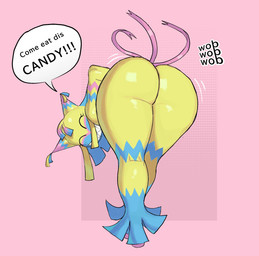 anthro bent_over big_butt blue_body butt dialogue eyelashes eyes_closed female huge_butt looking_at_viewer looking_back looking_back_at_viewer pinata pink_background rear_view sharp_teeth simple_background smile solo speech_bubble talking_to_viewer teeth text thick_thighs wide_hips yellow_body dagothurfanclub blushcrunch_studio dandy's_world yatta_(dandy's_world) animate_inanimate living_pinata toon_(dandy's_world) hi_res