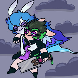 4_fingers anthro black_boots black_clothing black_footwear black_gloves black_handwear black_jacket black_topwear blue_clothing blue_dress blue_hair boots carrying_another carrying_partner closed_smile clothed clothed_anthro clothed_female clothing cloud dress duo eyebrows eyelashes female female/female fingerless_gloves fingers footwear fur gloves green_eyebrows green_hair grey_sky hair handwear holding_melee_weapon holding_object holding_sword holding_weapon jacket left-handed legless light long_ears long_eyelashes long_hair melee_weapon mouth_closed multicolored_clothing multicolored_dress multicolored_hair narrowed_eyes no_eyebrows outside pantsless_anthro pantsless_female purple_clothing purple_eyelids purple_eyes purple_shirt purple_topwear shirt shoes short_hair sky smile smiling_at_another smiling_at_each_other smiling_at_partner squint sword text thick_eyebrows topwear two_tone_hair weapon white_body white_fur flyinurfries mario_plus_rabbids_sparks_of_hope nintendo raving_rabbids rayman_(series) ubisoft edge_(mario_plus_rabbids) midnite_(mario_plus_rabbids) ghost hybrid lagomorph mammal rabbid spirit 1:1 2022 artist_name colored digital_drawing_(artwork) digital_media_(artwork) english_description hi_res lighting