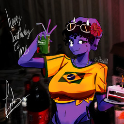 accessory alcohol alternate_costume anthro beverage big_breasts birthday_cake bottomwear brazilian_flag breasts cake candle clothed clothed_anthro clothed_female clothing cosplay curly_hair dessert detailed_background drinking_straw eyewear eyewear_on_head facial_horn female fingers fire flower flower_in_hair food frill_(anatomy) front_view gesture grey_bottomwear grey_clothing grey_pants hair hair_accessory hand_gesture happy horn humanoid_hands inside jewelry looking_at_viewer markings midriff navel necklace non-mammal_breasts non-mammal_navel pants photo_background plant purple_body purple_eyes purple_hair shirt short_hair smile solo spots spotted_markings sunglasses sunglasses_on_head text topwear v_sign vodka wearing_sunglasses yellow_clothing yellow_shirt yellow_topwear anfitrionaaa coca-cola goodbye_volcano_high ko_op_(game_developer) smirnoff vocaloid yamaha_corporation hatsune_miku trish_(gvh) ceratopsian ceratopsid chasmosaurine dinosaur marginocephalian ornithischian prehistoric_species reptile scalie triceratops 1:1 absurd_res english_text half-length_portrait hi_res mixed_media photography_(artwork) portrait signature
