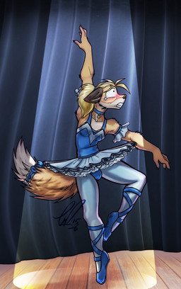 anthro ballerina ballet biped bottomwear bulge classical_tutu clothed clothing crossdressing dance_shoes dancewear dancing embarrassed en_pointe femboy footwear male pointe_shoes shoes skirt solo stage sur_le_cou_de_pied_(ballet) tutu carnival_(artist) canid canine fox mammal absurd_res hi_res