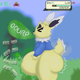 anthro big_butt burp_cloud burping butt digestion_noises exposed_belly fatal_vore gameplay_mechanics gui health_bar imprint level_difference male mass_vore multiple_prey onomatopoeia post_digestion solo sound_effects tail text thick_thighs vore weight_gain kaelminus nintendo pokemon bolt_(kaelminus) pokemon_trainer cinderace eeveelution generation_1_pokemon generation_4_pokemon generation_8_pokemon jolteon lucario pikachu pokemon_(species) 1:1 hi_res