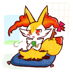 ambiguous_anthro ambiguous_gender anthro arm_tuft biped black_body blush blush_lines blush_stickers bow_ribbon breath cheek_tuft chest_tuft container cup detailed_background digitigrade dipstick_tail facial_tuft front_view fur hip_tuft holding_container holding_cup holding_object inner_ear_fluff inside markings multicolored_body multicolored_fur no_pupils nude_ambiguous nude_anthro object_in_tail open_mouth pillow pointy_ears prick_ears red_bow red_eyes red_inner_ear_fluff red_nose red_tail_tip shoulder_tuft sitting snout solo stick stick_in_tail tail tail_markings tuft two_tone_tail wariza white_body white_fur yellow_body yellow_fur yellow_tail annyui0611 nintendo pokemon braixen canid generation_6_pokemon mammal pokemon_(species) 1:1 2021 cel_shading colored digital_drawing_(artwork) digital_media_(artwork) full-length_portrait hi_res japanese_description portrait shaded translated_description