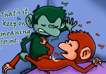 anal anal_penetration anthro balls bed bed_sheet bedding blush bodily_fluids cum dialogue drooling duo ejaculation eyes_closed feet foreskin from_front_position fur furniture genital_fluids genitals green_body green_fur hand_on_chest hand_on_wall leg_grab looking_pleasured lying male male/male male_penetrated male_penetrating male_penetrating_male missionary_position motion_lines on_back onomatopoeia orange_body orange_fur penetration penis prehensile_feet raised_leg rough_sex saliva sex sound_effects sweat sweatdrop text toes tongue conditional_dnp kazoko_(artist) ape haplorhine mammal monkey primate english_text