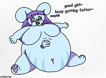 anthro belly belly_overhang belly_rub big_belly big_breasts blue_body blue_fur breasts burger dialogue disembodied_hand eyewear female food force_feeding forced fur glasses good_girl hair immobile long_hair navel nipples obese overweight pawpads purple_hair purple_nipples simple_background sitting solo spiral spiral_eyes stretch_marks text toony weight_gain kairitehbunni kairi_(kairitehbunni) lagomorph leporid mammal rabbit 2026 artist_name english_text hi_res shaded simple_shading trans_(lore) trans_woman_(lore)