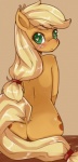 anthro anthrofied biped blonde_hair blush butt cutie_mark female freckles fur green_eyes hair heart_eyes heart_symbol long_hair looking_at_viewer looking_back nude orange_background orange_body orange_fur pupils rear_view simple_background sitting solo symbol-shaped_pupils unusual_pupils hua113 third-party_edit friendship_is_magic hasbro my_little_pony applejack_(mlp) earth_pony equid equine horse mammal pony 2013 source_request