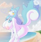 anthro areola beach bent_over big_breasts big_tail blue_body blue_fur blue_hair breasts cloud female fur generation_4_pokemon hair heart_symbol hi_res huge_breasts looking_at_viewer mammal nintendo nipples nude one_eye_closed pachirisu pokemon pokemon_(species) raised_tail rodent seaside sky smile snackbunnii solo sunset tail tongue tongue_out water white_body white_fur