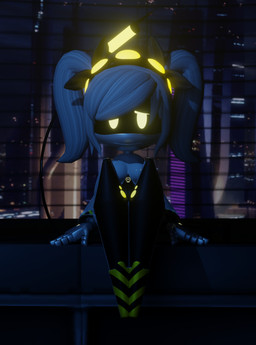 bedroom_eyes black_body breasts city covering covering_breasts female glowing glowing_eyes hair knock-kneed looking_at_viewer machine narrowed_eyes night not_furry nude pigtails screen screen_face seductive sitting small_breasts solo stripes white_body white_hair yellow_eyes yellow_stripes lorded glitch_productions murder_drones j_(murder_drones) android humanoid robot 3d_(artwork) absurd_res digital_media_(artwork) hi_res