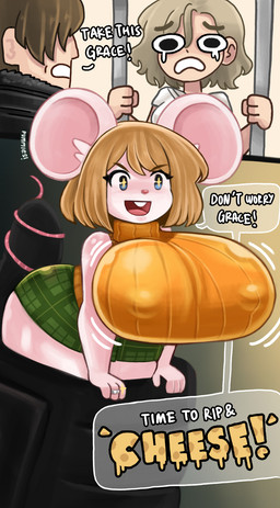 big_breasts blonde_hair blue_eyes bodily_fluids bottomwear breasts buckteeth clothing crying female female_human gold_(metal) gold_jewelry hair huge_breasts jacket jewelry male male_human nipple_outline open_mouth prehensile_tail short_hair skirt speech_bubble star_eyes sweater tail tail_around_partner tail_coil tears teeth text thick_thighs topwear wide_hips pummies capcom resident_evil resident_evil_requiem ashley_graham grace_ashcroft leon_kennedy moushley human mammal murid murine rodent colored english_text hi_res