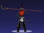 abs black_clothing clothing fur glance grey_body grey_fur hair male melee_weapon polearm purple_hair red_clothing smile solo spear weapon weapon_on_shoulder whiskers yellow_eyes yopo9810 shaman_king domestic_cat felid feline felis humanoid mammal absurd_res hi_res shaded