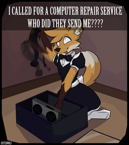 5_fingers anthro big_eyes big_tail biped black_bow_tie black_clothing black_topwear bow_tie brown_arms brown_body brown_ear_tips brown_fur brown_nose cable caption cheek_tuft claws clothed clothing computer concentration confusion crossdressing crossdressing_male detailed_background dipstick_ears dipstick_tail ear_markings electronics eyebrows eyelashes facial_tuft fan_(object) femboy finger_claws fingers floor fur glass gloves_(marking) grabbing_object graphics_card hair head_tuft holding_cable holding_object humanoid_hands humor inner_ear_fluff inside kneeling legwear looking_at_object maid_uniform male markings mole_(marking) motherboard motion_blur multicolored_ears orange_arms orange_body orange_ears orange_fur orange_hair orange_tail pupils question_mark ripping slit_pupils solo sparkles sparkling_eyes tail tail_markings tail_tuft text thigh_highs tongue tongue_out topwear tuft uniform unprofessional_behavior wall_(structure) white_body white_bow white_clothing white_eyes white_fur white_inner_ear_fluff white_legwear white_tail_tip white_text white_thigh_highs white_topwear wood wood_floor suitedwolfie balthy_(suitedwolfie) canid canine fox mammal red_fox true_fox 2026 artist_name digital_drawing_(artwork) digital_media_(artwork) english_text hi_res shaded