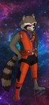 angry anthro bodysuit boots brown_body brown_fur clothing footwear fur male red_eyes shoes skinsuit sky solo star starry_sky tight_clothing heibanhikaru guardians_of_the_galaxy marvel rocket_raccoon mammal procyonid raccoon absurd_res hi_res