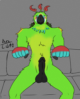 anthro balls beak big_penis blush erection furniture genitals green_body looking_at_viewer male nude nude_anthro nude_male on_sofa one_eye_closed penis presenting presenting_penis sitting sitting_on_sofa sofa solo spread_legs spreading arc_rose ron_(arcrose) avian bird parrot digital_drawing_(artwork) digital_media_(artwork) hi_res