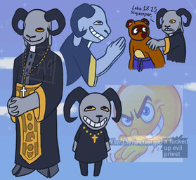 2_horns 5_fingers ambiguous_gender anthro bible_verse biped closed_smile clothed clothed_anthro clothing cross cross_necklace dialogue duo fingers frown fur grey_body grey_fur grin hand_on_shoulder hooves horn jewelry mouth_closed multiple_poses necklace pose praying priest priest_robes profanity religion smile solo standing text yellow_sclera ericanine animal_crossing christianity nintendo bel_(animal_crossing) fan_character tom_nook_(animal_crossing) bovid canid canine caprine mammal raccoon_dog sheep tanuki 2025 digital_drawing_(artwork) digital_media_(artwork) english_description english_text meme watermark male_(lore)