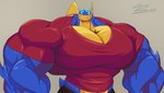 anthro biceps big_muscles blue_body clothing huge_muscles hyper hyper_muscles male muscular muscular_anthro muscular_male pecs pink_eyes scar shirt smile solo topwear unusualboo54 nintendo pokemon zen_(unusualboo54) amphibian generation_6_pokemon greninja pokemon_(species) absurd_res hi_res