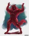 abs anthro biceps curious dessert fantasy food gelatin male muscular pecs red_body red_eyes slime solo tail buckovskiart jell-o weretober canid canine canis goo_creature mammal wolf 4:5 absurd_res full-length_portrait hi_res portrait