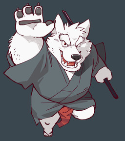 4_fingers anthro asian_clothing bottomwear clothing east_asian_clothing eyebrows fingers footwear fur head_tuft japanese_clothing kimono loincloth male monotone_background pawpads plantigrade red_eyes samue sandals sheathed_sword shoes simple_background solo thick_eyebrows tuft white_body white_fur garouzuki modenji_(garouzuki) canid canine fox mammal 2017 digital_drawing_(artwork) digital_media_(artwork)