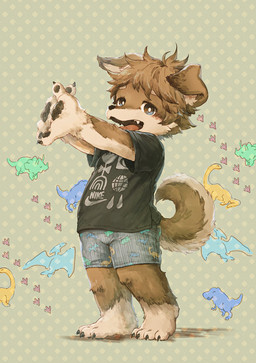 anthro black_clothing black_shirt black_topwear bottomwear claws clothing dinosaur_print fangs hand_pawpads kemono looking_at_viewer male open_mouth print_clothing print_shirt print_t-shirt print_topwear shirt solo stretching t-shirt teeth text toe_claws topwear young young_anthro young_male nishiko24 nike canid canine canis domestic_dog mammal 2026 cel_shading digital_drawing_(artwork) digital_media_(artwork) english_text full-length_portrait hi_res japanese_description portrait shaded