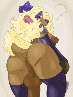 anthro anus armor balls big_balls big_breasts big_penis blonde_hair breasts butt clothing genitals gynomorph hair hooves horn intersex legwear long_hair penis piercing puffy_anus purple_eyes purple_horn solo stockings eljardindeluna lamb_(eljardindeluna) 3:4 hi_res