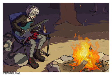 alcohol alternative_fashion anthro beer beverage big_tail biped black_boots black_clothing black_footwear black_gloves black_handwear black_jacket black_topwear blue_eyes boots bottomwear campfire chair choker clothed clothing electric_guitar female fingerless_gloves fire fluffy fluffy_tail footwear forest furniture gloves guitar hair half-closed_eyes handwear jacket jewelry leather leather_clothing leather_jacket leather_topwear leopard_spots markings musical_instrument narrowed_eyes necklace night on_chair open_mouth outside pink_nose plant playing_guitar playing_music plucked_string_instrument punk shoes short_hair sitting sitting_on_chair skirt solo spots spotted_body string_instrument tail teeth tongue topwear tree whiskers white_hair malachyte felid mammal pantherine snow_leopard 2023 3:2 clip_studio_paint_(artwork) digital_media_(artwork) hi_res