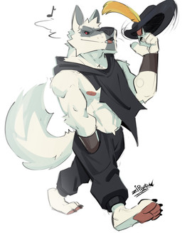 anthro arm_tuft armband big_tail bottomwear cheek_tuft claws cloak clothing ears_up elbow_tuft facial_markings facial_tuft fluffy fluffy_tail fur fuzzy hand_in_pocket hat head_markings head_tuft headgear headwear holding_clothing holding_hat holding_headgear holding_headwear holding_object male markings mask_(marking) muscular muscular_anthro muscular_male musical_note musical_symbol narrowed_eyes neck_tuft nipples open_mouth pants pawpads pockets pointy_ears poncho prick_ears red_eyes simple_background smile solo spinning_hat spinning_object standing symbol tail teeth tuft walking whisker_spots whiskers whistling white_background white_body white_fur zipperhyena dreamworks puss_in_boots_(franchise) death_(puss_in_boots) canid canine canis mammal wolf hi_res signature
