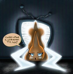 alternate_species ass_up blue_eyes breasts butt dialogue electricity electronics female horn humanoidized humor not_furry nude open_mouth orange_body orange_horn pokemorph solo speech_bubble stuck television text latiar nintendo pokemon generation_4_pokemon ghost humanoid normal_rotom pokemon_(species) rotom spirit 2016 english_text hi_res