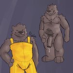 balls bodily_fluids brown_body brown_fur bulge clothing fluffy foreskin fur genital_fluids genitals male nipples nude overalls overalls_only penis precum precum_string pubes solo yellow_clothing palister35 mammal mustelid otter 1:1 hi_res