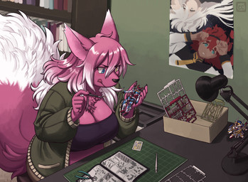 ahoge anthro big_breasts biped blue_eyes book bookshelf box breasts brush cardboard cardboard_box chair chest_tuft clothing concentrating container desk dipstick_tail female fluffy fluffy_tail fur furniture green_wall hair heterochromia holding_brush holding_object holding_paintbrush jacket lamp logo markings model_kit office_chair paintbrush pink_body pink_fur pink_hair poster red_hair shelf sitting solo table tail tail_markings tongue tongue_out tools topwear tube_top tuft white_tail chimeracauldron gundam mobile_suit_gundam_gquuuuuux mobile_suit_gundam_the_witch_from_mercury mioriasse_hopelite suletta_mercury canid canine fox mammal artist_logo hi_res